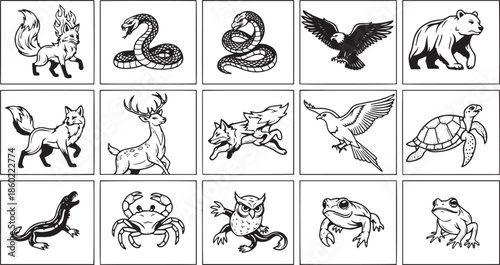Collection of black and white animal in a grid format fire fox snake cobra eagle