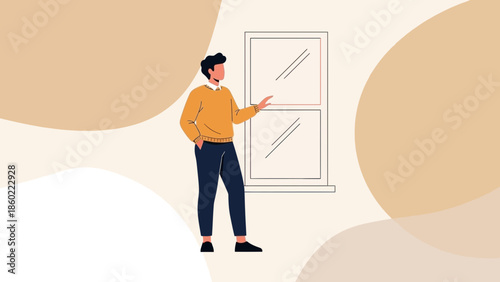 Modern woman standing near window in casual outfit indicating indoor environment