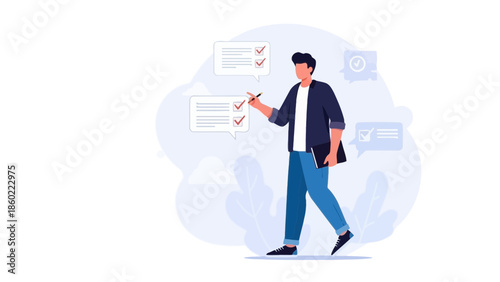 Modern young man organizing tasks with digital checklist and smartphone in casual attire