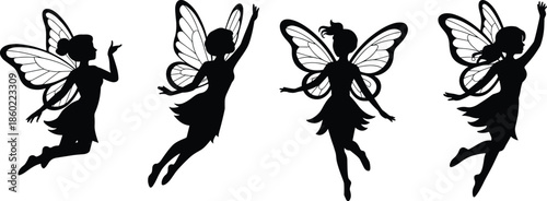 Fairy silhouettes set with flying winged female characters, magical fantasy creatures in graceful poses isolated on white background illustration