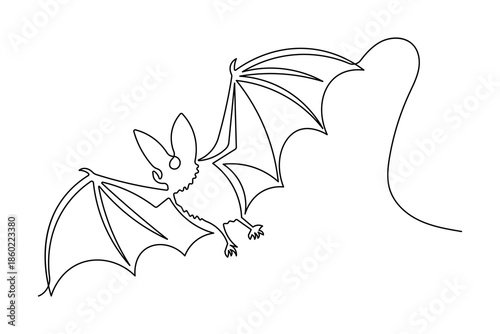 Minimalist flying bat continuous line drawing simple style mammal outline