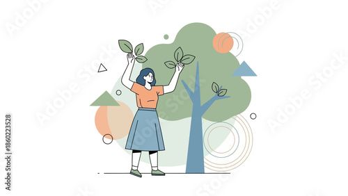 illustration of a woman picking fruit from a tree in a minimalistic outdoor scene with abstract