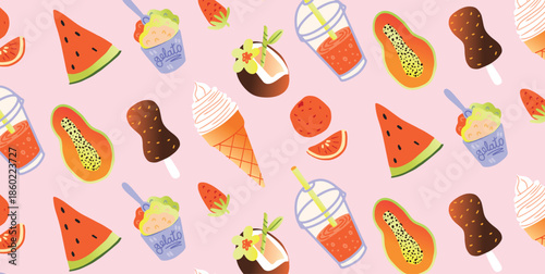 Seamless pattern with exotic fruits, palm trees, smoothie, coconut drink and strawberry. Tropical illustration. Holiday and travel. For poster, banner, background, greeting, print design