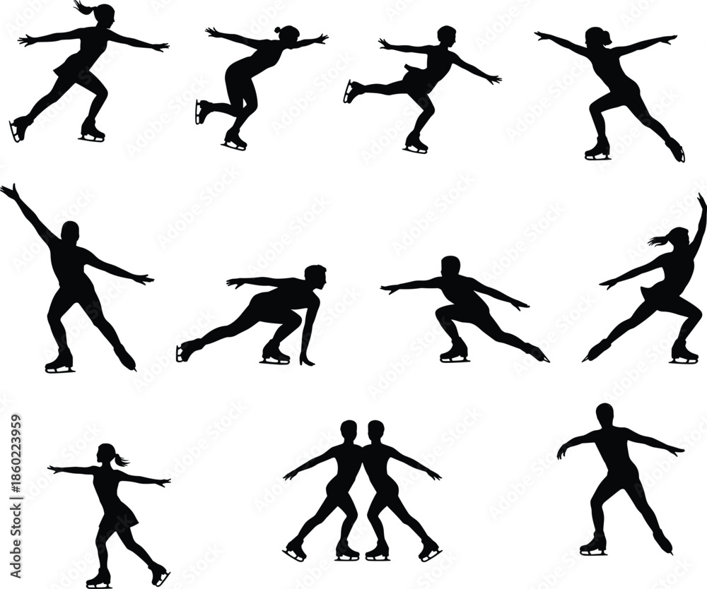 Obraz premium Figure skating silhouettes set showing dynamic ice skating poses, jumps, spins, and pair movements for winter sports, performance, and athletic design