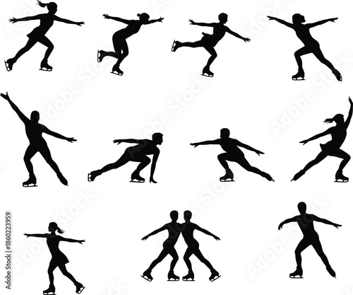 Figure skating silhouettes set showing dynamic ice skating poses, jumps, spins, and pair movements for winter sports, performance, and athletic design