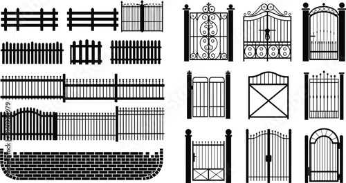 Fence and gate silhouettes collection featuring wooden, metal, garden, and decorative entrance designs in clean black vector illustration style