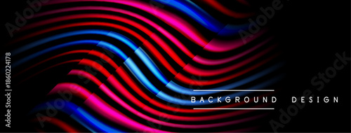 Abstract lines create dynamic wave pattern. Vivid colors blend, forming modern background design. Dark space emphasizes bright layers.
