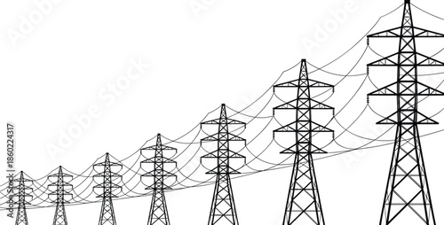 High voltage power transmission towers with electric lines forming perspective pattern, industrial energy infrastructure illustration in clean black vector style