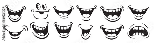 twelve black and white cartoon mouth silhouettes displaying