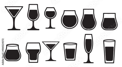  twelve black silhouette drinkware icons set various glass