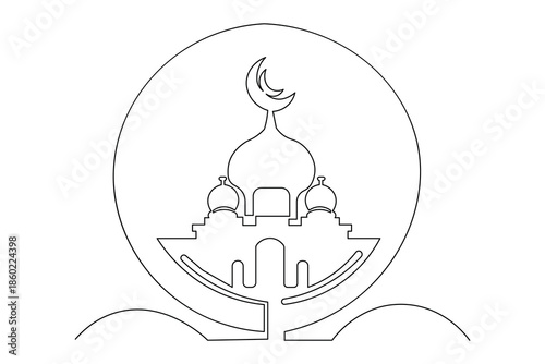 Crescent and star single line art minimal style religion illustration