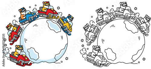 Adorable cartoon hamsters circling a massive snowball on snowmobiles