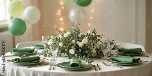 Elegant table setting with greenery and balloons