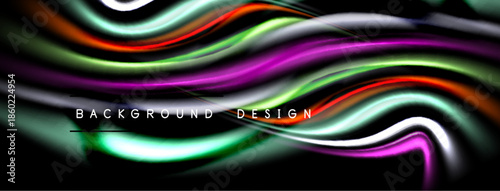 Abstract flowing ribbons, vibrant colors blend. Dark background emphasizes dynamic wave pattern, modern design element.