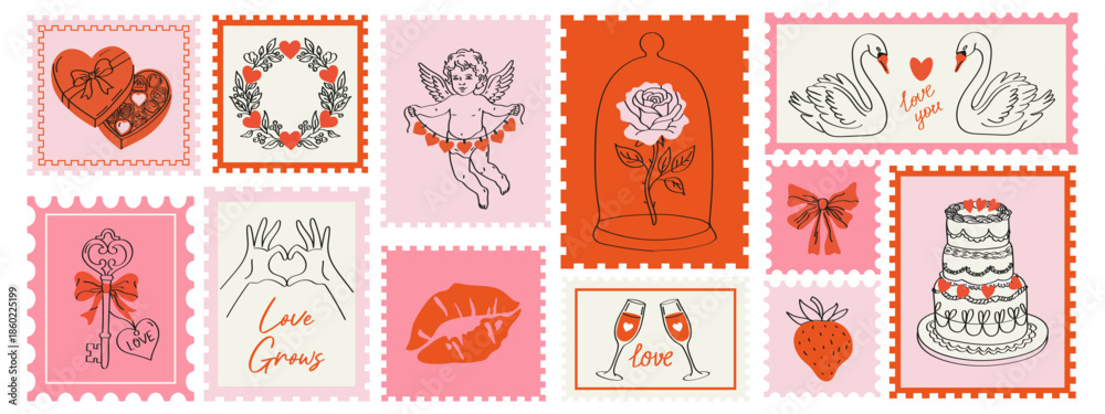 Fototapeta premium Valentine’s Day hand drawn postage stamps in cute doodle sketch style. Romantic postal elements for wedding invitations, postcards, posters and scrapbook designs. Love themed vector illustrations 