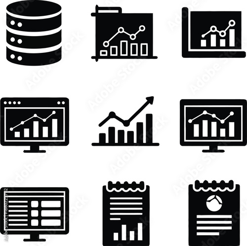 Black and white icons of data analysis and business charts