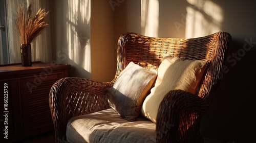 Cozy Indoor Rattan Armchair with Cushions in Warm Sunlight Interior