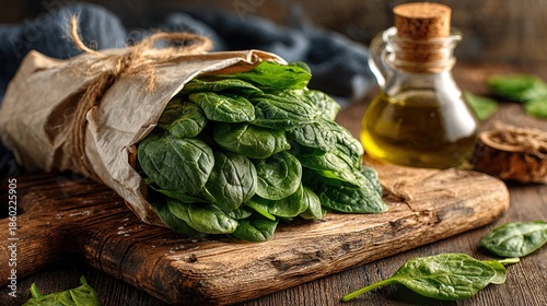 Fresh Organic Spinach Bundle on Rustic Wooden Board Still Life