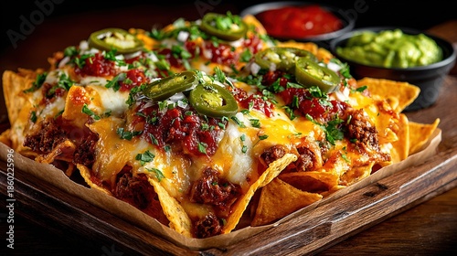 Delicious Loaded Beef Nachos with Melted Cheese and Jalapenos Food