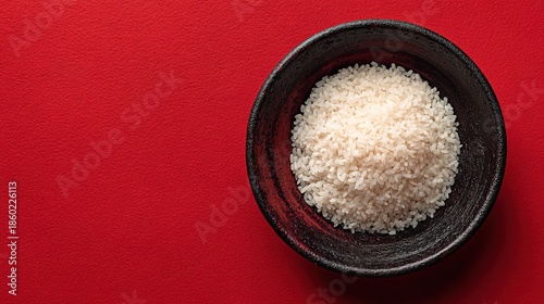 Top View Still Life White Rice in Black Bowl Food