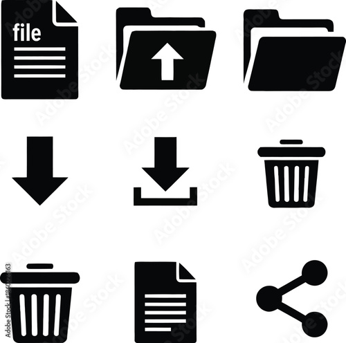 Black icons for file management upload download delete share