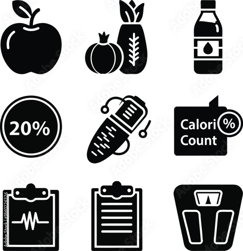 Black icons for health and diet including apple bottle pomegranate scale and clipboard