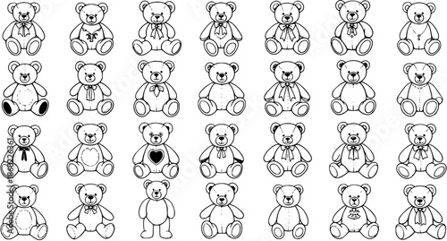 Toys and Childhood Black and White Line Art Collection: Various Cute Teddy Bears for Coloring Books and Educational Activities. Hand-Drawn Outline Stuffed Animal Illustrations.