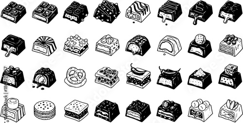 Black and White Hand-drawn Line Art Vector Set of Confectionery Chocolates, Pralines, Bonbons, and Sweets Icons for Food and Dessert Industry