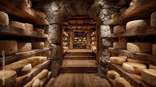 Rustic Interior of Cheese Wheel Storage Room with Stone Archway