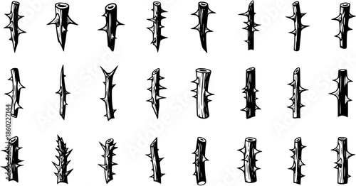 Black and White Line Art Vector Illustration Set of Thorny Stems. Hand-drawn Collection of Rose Thorns, Spiked Branches, and Brambles. Nature-inspired Prickles for Danger and Protection Concepts.