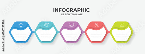 Modern Vector Hexagon infographic with 5 options. Visual data presentation. Timeline infographic icons designed for abstract background template.