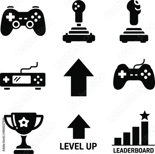 Black video game icons including controllers joysticks trophy and leaderboard