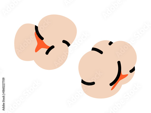 Hand drawn cute illustration of two popcorn kernels. Flat vector cinema or movie snack doodle. Unhealthy eating sticker, icon. Fast food crunchy meal. Tasty pop corn. Isolated.