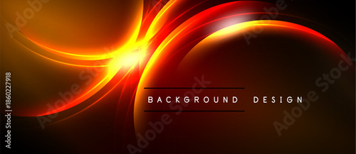 Dynamic abstract design. Bright orange, red curves radiate from central light source against black backdrop. Modern, energetic composition.