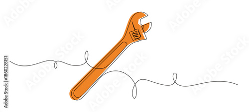 Continuous line art of a wrench with curved lines. This icon is for a hardware store banner. Vector illustration with color.

