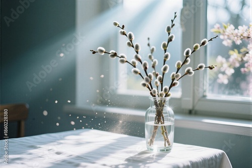 Sunlit pussy willow branches in a glass vase on a table by window