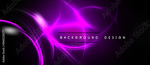 Abstract purple neon lines over black background. Bright glow creates dynamic visual effect. Modern design element.