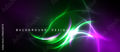 Abstract vibrant design features flowing neon curves. Purple, green hues dominate dark background. Modern, energetic visual.