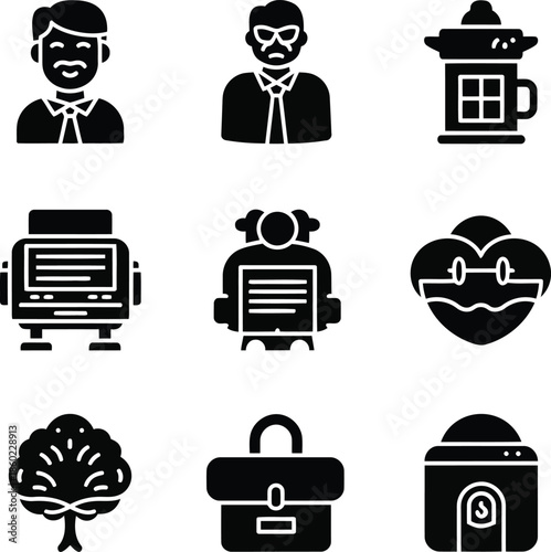Collection of black silhouette icons on white background