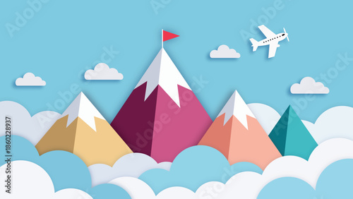 Paper art mountains with a red flag and a flying airplane above clouds