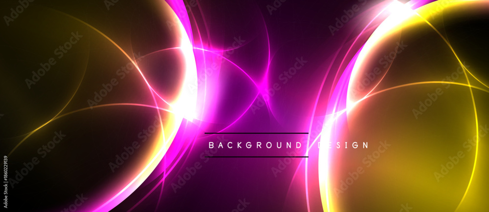 Obraz premium Abstract neon lines create vibrant energy. Pink, gold hues dominate dark background. Modern design element for digital projects.