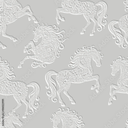 Luxury 3D embossed seamless pattern with ornamental majestic ornate horses. Elegant grey relief emboss texture for the Year of the Horse, equestrian decor, premium wallpaper and textile design.