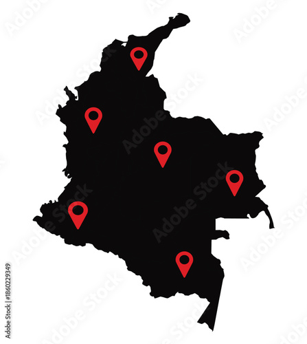 Black Silhouette Map of Colombia with Red Location Pins