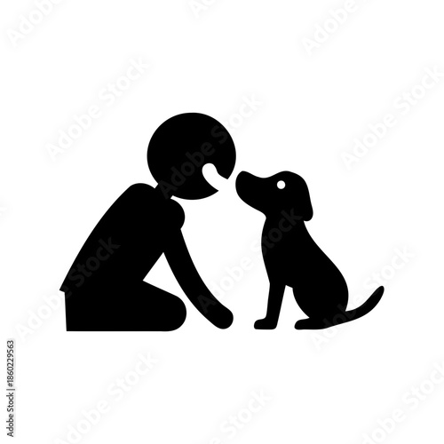 A simple icon design showing a person bonding with a pet dog