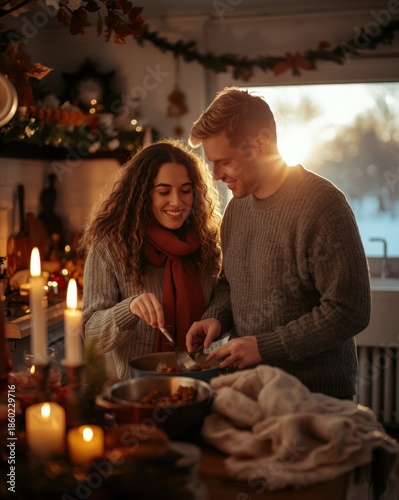 Couple preparing holiday meal together