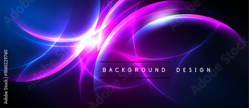 Abstract neon waves, vibrant purple, blue hues. Dynamic light effects create futuristic background design. Smooth curves, energy flow.