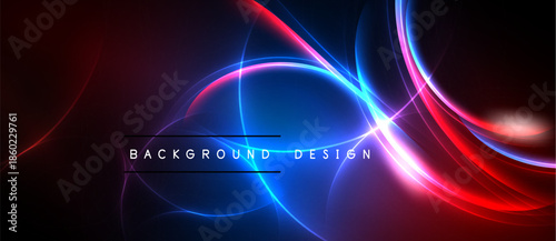 Abstract design features vibrant glowing lines, curves, gradients. Dark background emphasizes bright neon colors, modern aesthetic.