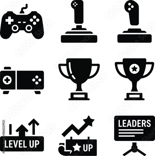Gaming icons joystick trophies level up and leaders board