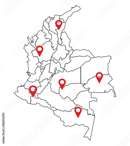 Colombia outline Silhouette Map with Red Pin Markers for Locations