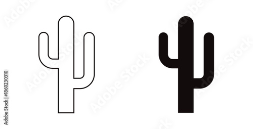 Saguaro cactus icon set; black silhouette and outline vector illustration of desert flora for southwest and nature themes | Flat and Outline Cactus Vector Icon | Cactus Symbol Vector – Flat and Thin